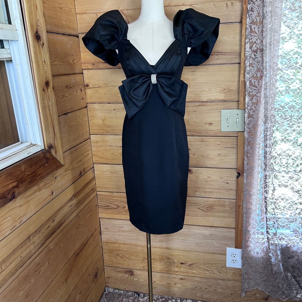 Vintage Cocktail Dress‎ Womens 4 Black Puff Sleeve Bow En Francais Huey Waltzer